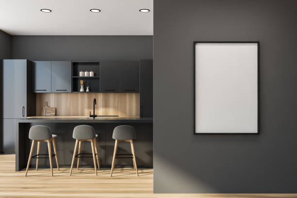 istock Poster in gray and wooden kitchen interior with bar 1328394864