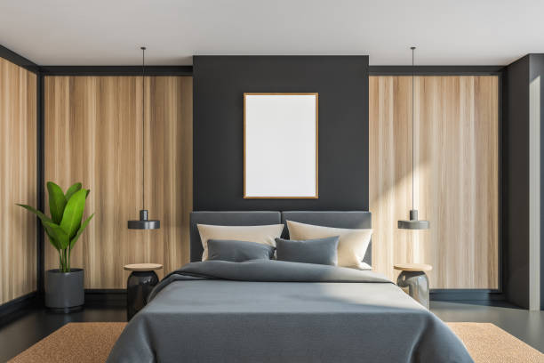istock Wooden and grey panoramic master bedroom interior with poster 1328394896