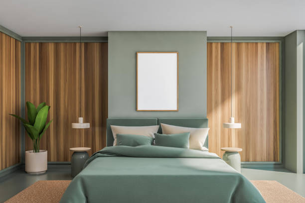 istock Wooden and olive panoramic master bedroom interior with poster 1328395179