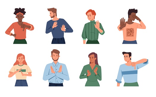 Negative gestures. Finger language, non verbal communication. Diverse people disagree. Rejection signs. Sign language, emotions expression. Set of vector illustrations isolated on white background