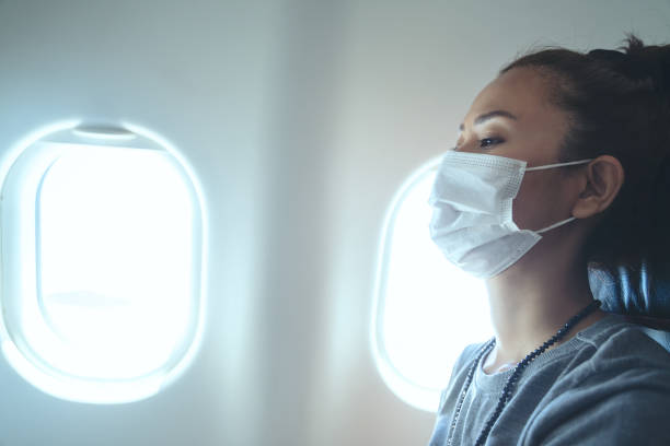istock Travelling by airplane with protective face mask 1328396047