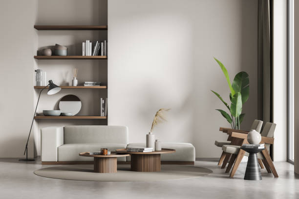 istock Light living room interior with bookshelf, armchairs and sofa, mockup 1328396226