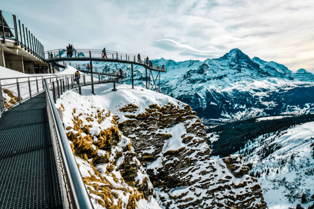 절벽 산책에 서있는 사람들, 그린델발트 퍼스트의 유명한 산책로, 스위스 - jungfrau switzerland hiking bernese oberland 뉴스 사진 이미지