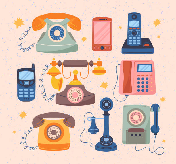 illustrations, cliparts, dessins animés et icônes de fil, cellulaire, smartphones, téléphones mobiles ensemble - old telephone mobile phone retro revival