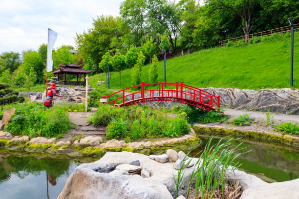 일본 정원의 연못에 의한 붉은 다리와 정자 - bridge wood japanese garden footbridge 뉴스 사진 이미지