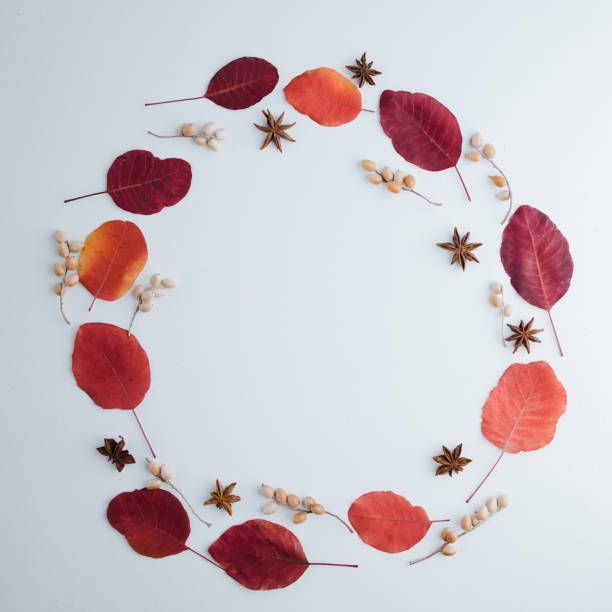 istock Wreath of dried red leaves on white background 1328400389