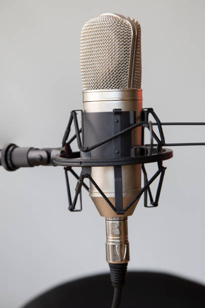 istock professional microphone with a stand and cable, musical instrument in studio, modern object 1328402956