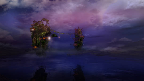 istock Fantastic flying islands over the night lake, 3D render. 1328403737