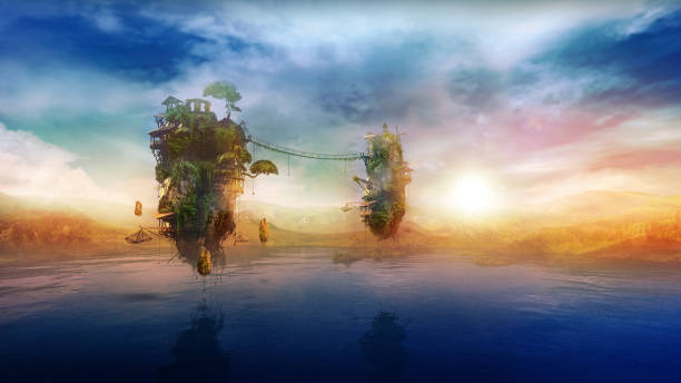 istock Fantastic flying islands over the lake at sunrise, 3D render. 1328403749