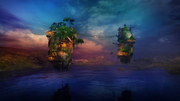 istock Sunlit dwellings on magical flying islands over the lake, 3D render. 1328403756