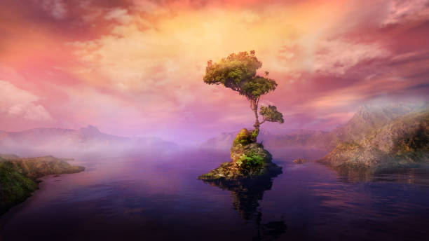 istock Colorful landscape with an island on the lake, 3D render. 1328403766