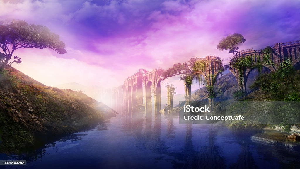 Fantastic landscape with ancient aqueduct and river, 3D render. Colorful fantastic landscape with an aqueduct over the river in a mountainous area. 3D render. Bridge - Built Structure Stock Photo