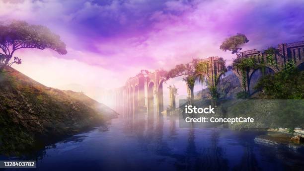 Fantastic Landscape With Ancient Aqueduct And River 3d Render Stock Photo - Download Image Now