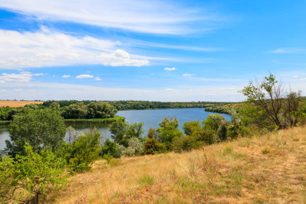 istock Summer landscape with beautiful river, green trees and blue sky 1328406160