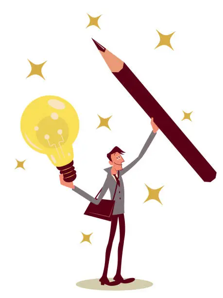 Vector illustration of The smiling writer (columnist, copy editor) with a big pencil and light bulb (ideas, inspiration) lives by his pen