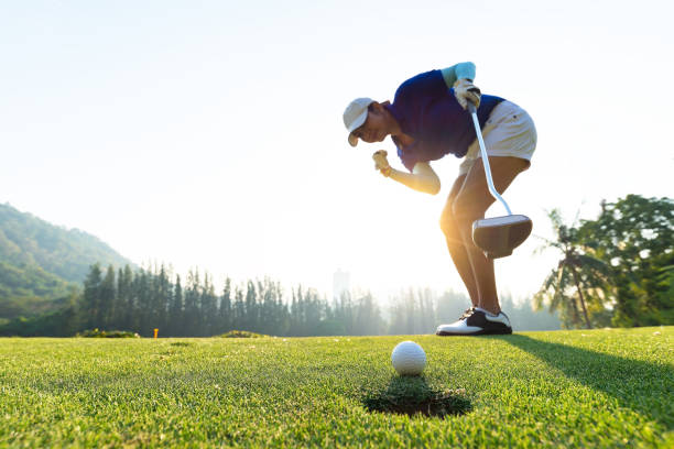 golfista działania, aby wygrać po długim oddanie piłkę golfową na zielonym golfie. rano. - golf golf flag sunset flag zdjęcia i obrazy z banku zdjęć