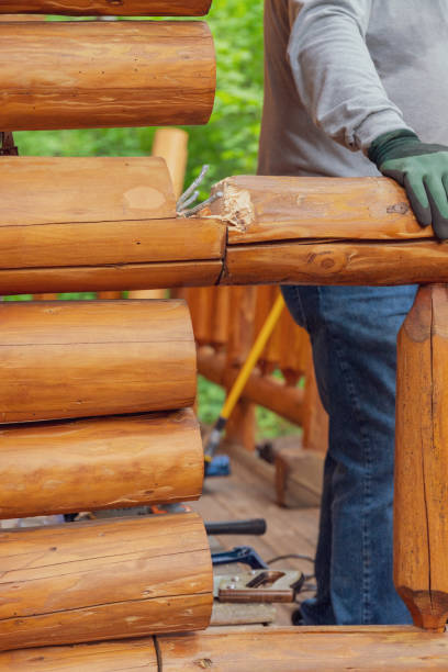 Repair Construction Done on Rustic Log Cabin in Pacific Northwest