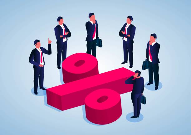 Profit analysis and distribution, an isometric group of businessmen standing around the percentage sign discussing and thinking Profit analysis and distribution, an isometric group of businessmen standing around the percentage sign discussing and thinking financial advisor percentage sign business finance stock illustrations