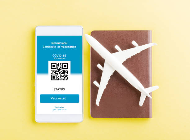 istock Model airplane, passport and immunity pass are arranged application on smartphone 1328422624