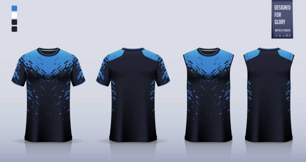 Blue T-shirt sport, Soccer jersey, football kit, basketball uniform, tank top, and running singlet mockup. Fabric pattern design. Vector. T-shirt mockup or sport shirt template design for soccer jersey or football kit. Tank top for basketball jersey or running singlet. Fabric pattern for sport uniform in front view back view. Vector Illustration. sports jersey stock illustrations