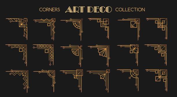 Art deco corners. Modern style frame fashion corner beauty collection, 1920s old poster cornering patterns illustration, line decoration design luxury elegant accents