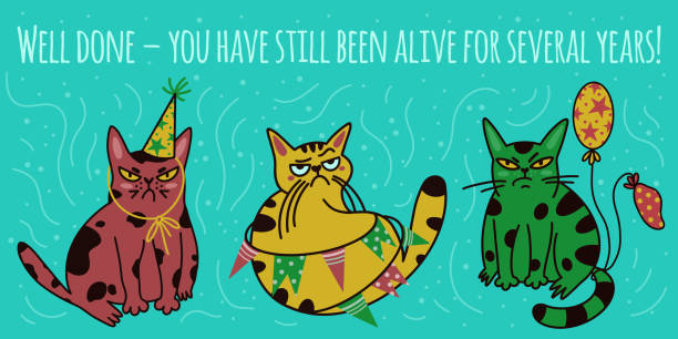 istock Vector set with cats celebrating birthday. Isolated illustrations of animals. Grumpy kittens at the party. Hand-drawn cute cartoon pets. Animals in festive caps with garlands and balloons 1328424478