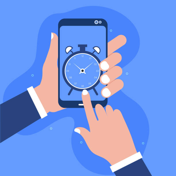 Alarm clock on smartphone screen. Hand holding smartphone USA, India, Mobile Phone, Clock, Alarm Clock, Hand, Alertness, Smart Phone, Telephone alarm clock snooze stock illustrations