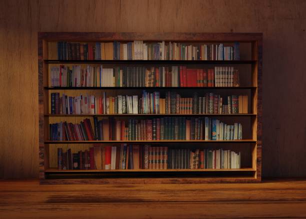 illustrazione di rendering 3d di una vecchia libreria con set di libri - wall wood old obsolete foto e immagini stock