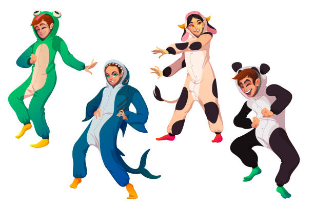 ilustrações de stock, clip art, desenhos animados e ícones de people in kigurumi pajamas, animal costumes party - onesie