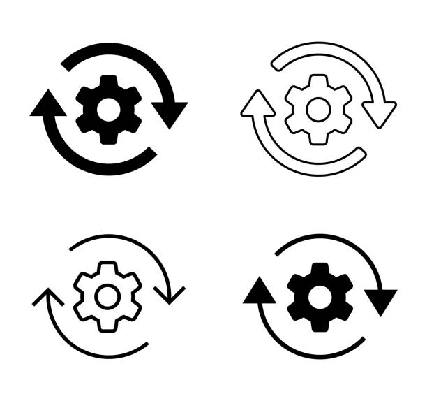 Gears and Rotating arrow vector icon Material Gears and Rotating arrow vector icon Material automatic stock illustrations