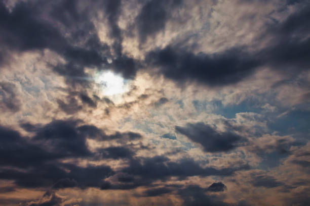 Blue sky with cumulus clouds and sun background. Concept nature and weather backgrounds. Environment, atmosphere. Copy space