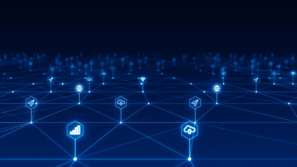 istock Blue futuristic technology icon and line linked network connection abstract background concept 1328439727
