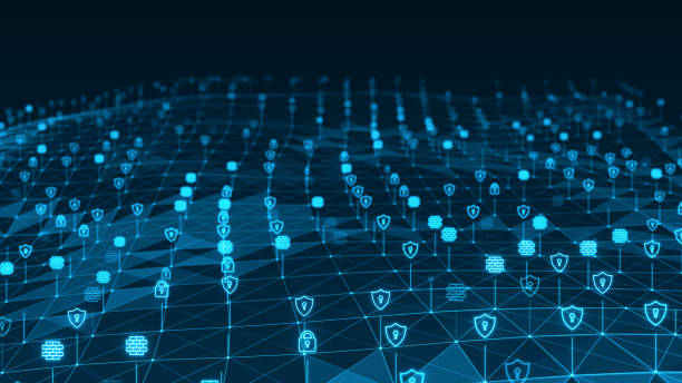 istock Blue futuristic security icon and line linked network connection technology abstract background concept 1328439758