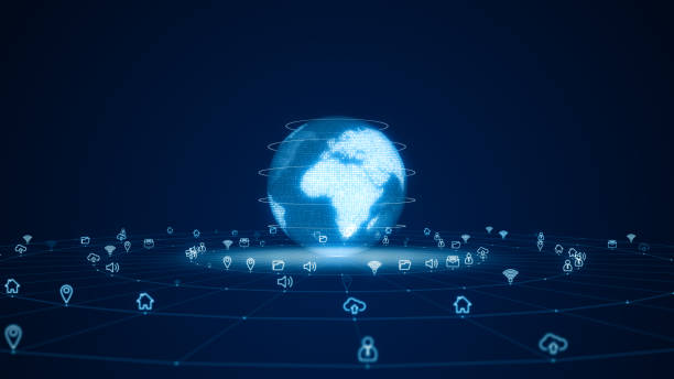 istock Blue digital 3D earth sphere logo with futuristic technology icon and line connection with circle on abstract background concept 1328439847