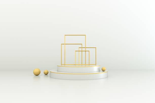 istock 3d rendering studio with geometric shapes, podium on the floor. Platforms for product presentation, mock up background. Abstract composition in minimal design. 1328439892