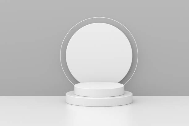 istock 3d rendering studio with geometric shapes, podium on the floor. Platforms for product presentation, mock up background. Abstract composition in minimal design. 1328439910