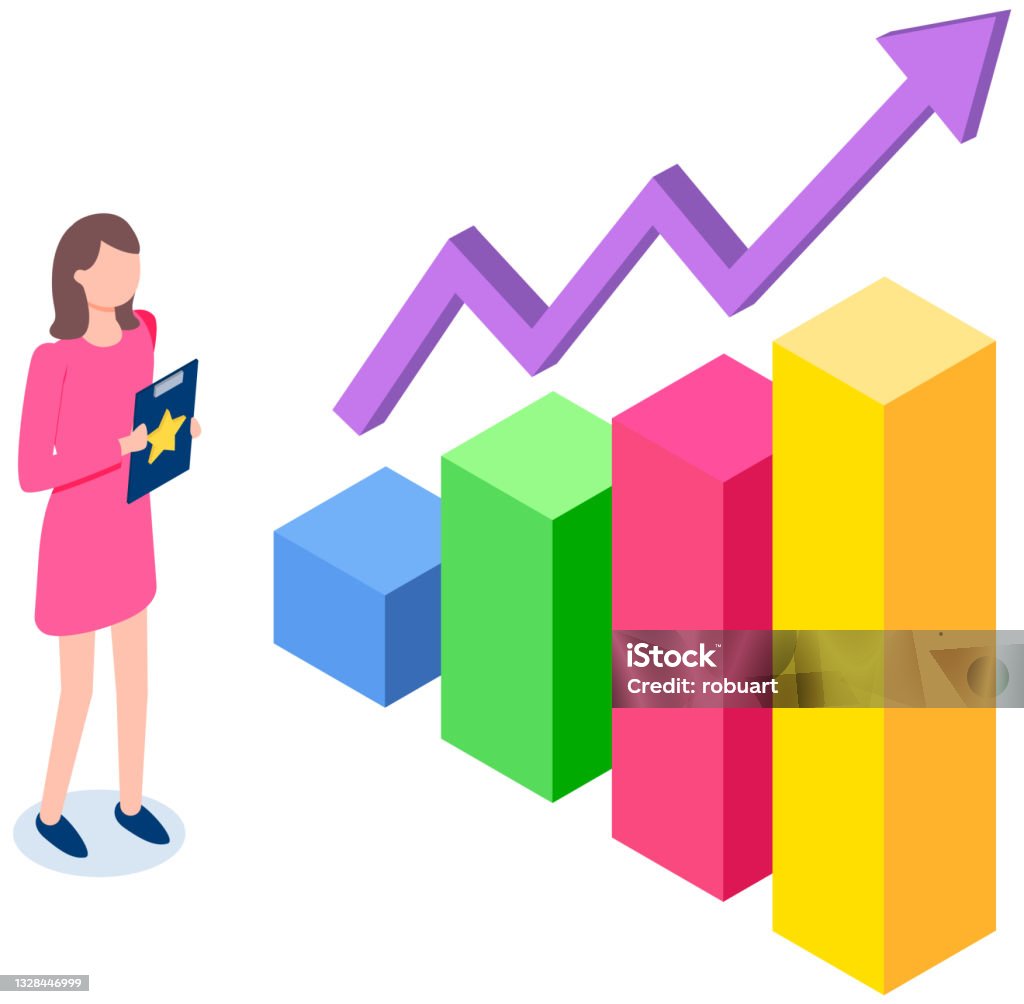 Man Studies Statistics Shown On Bar Chart Analyze Diagrams Concept Guy ...
