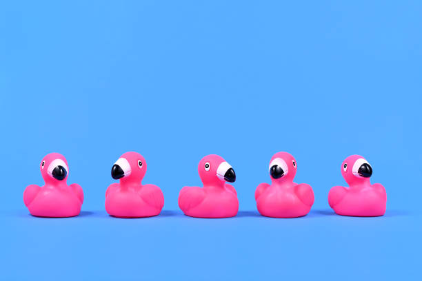 istock Pink rubber duck flamingos in a row on blue background 1328449031