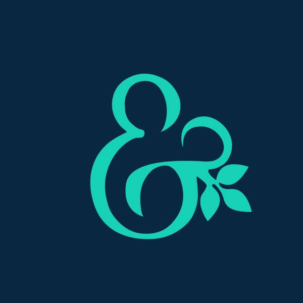 Ampersand logo.Lettering icon. Alphabet initial.Typographic symbol isolated on dark background.Decorative wedding sign.Green color.Ornamental leaf.Healthy lifestyle, fresh food, ecology concept. ampersand stock illustrations