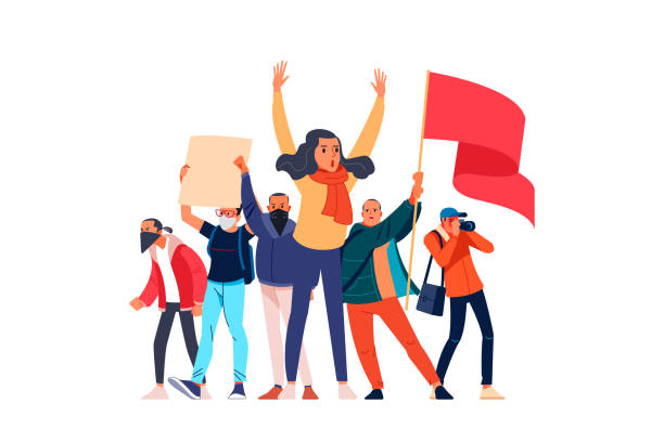 ilustrações de stock, clip art, desenhos animados e ícones de female leader shouts and raises her hands, supporting the protests against a backdrop of disaffected protesters, activists with placards and flag. flat design colorful illustration isolated on white - american justice audio