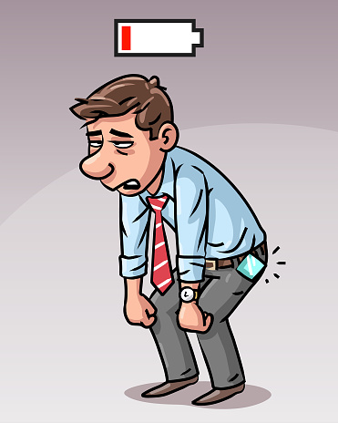Vector illustration of a exhausted young businessman standing bent foreward with his arms hanging limp at his sides. Over his head is a low battery symbol. Concept for business, exhaustion, mental burnout, low energy levels and being overworked.