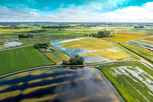 オランダの湿地の空中映像 - non urban scene landscape sky flood ストックフォトと画像