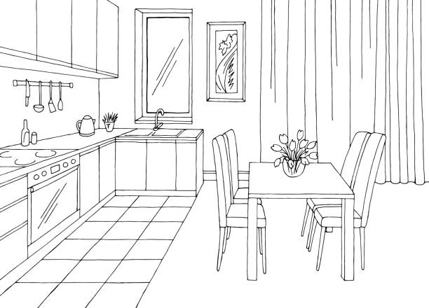 küche raum grafik schwarz weiß haus innenskizze illustration vektor - küche modern stock-grafiken, -clipart, -cartoons und -symbole