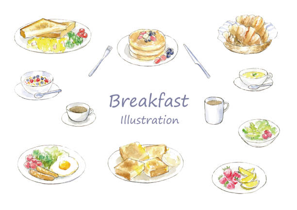 frühstück handgezeichnetes aquarell-illustrationsset - coffee fried egg breakfast toast stock-grafiken, -clipart, -cartoons und -symbole