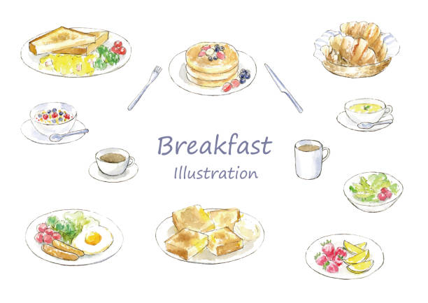 śniadanie ręcznie rysowane akwarela zestaw ilustracji - pancake illustration and painting food vector stock illustrations