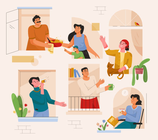 Good neighborly relations concept. Neighbors looking out windows Good neighborly relations concept. Neighbors looking out windows, talking, greeting each other, do hobbies, relaxing in their apartments. Quiet pastime, home lifestyle. Vector character illustration neighbour stock illustrations