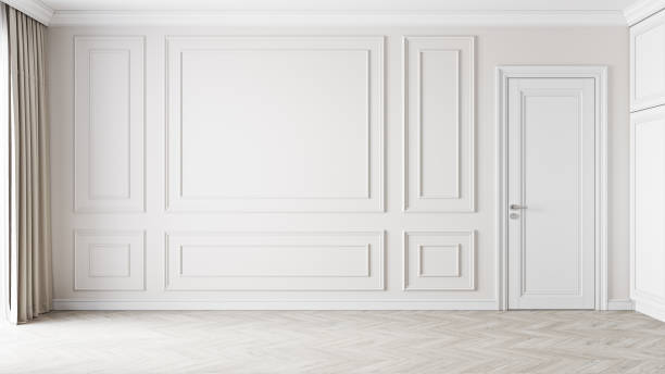 istock Beige classic interior with moldings, blank wall. 3d render illustration mockup. 1328460504