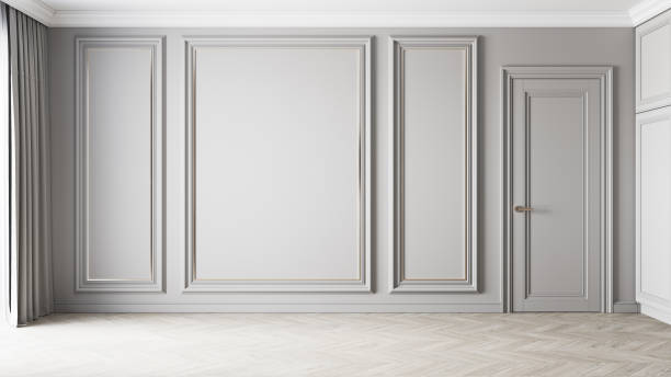 istock Gray classic interior with moldings, blank wall. 3d render illustration mockup. 1328460594