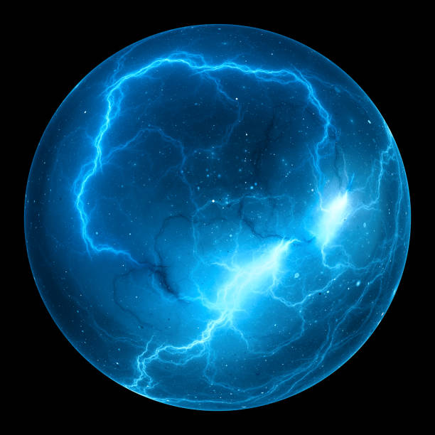 Blue glowing high voltage power ball object isolated on black Blue glowing high voltage power ball, computer generated abstract object, isolated on black, 3D rendering plasma ball stock pictures, royalty-free photos & images