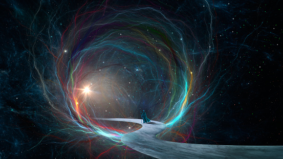 Magician walking on pathway in glowing fractal tunnel with light, stars and outer space nebula. Dreamy, fantasy, fairy tale background. 3D rendering, digital painting